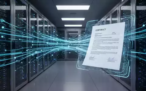 Ein futuristischer Serverraum mit leuchtenden blauen Datenströmen, die in ein digitales Vertragsdokument auf einer holographischen Oberfläche münden. - Foto: über boerse-global.de