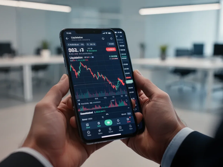 Hände halten ein Smartphone, das eine Krypto-Handels-App mit einem Abwärtstrend anzeigt, im Hintergrund ein Büro. - Foto: über boerse-global.de