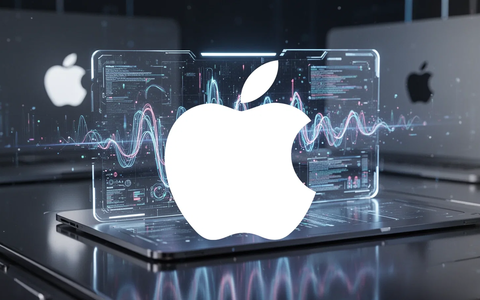 Eine futuristische, leuchtende digitale Benutzeroberfläche, die KI darstellt, mit subtilen Apple-Branding-Elementen im Hintergrund. - Foto: über boerse-global.de