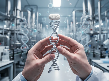 Eine abstrakte Darstellung einer pharmazeutischen Fabrik oder eines Labors mit Händen, die ein DNA-Modell oder eine Pille halten. - Foto: über boerse-global.de