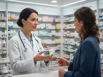 Eine Apothekerin berät einen Kunden in einer modernen Apotheke, hält eine Medikamentenschachtel in der Hand. - Foto: über boerse-global.de