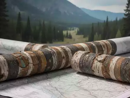 Nahaufnahme einer geologischen Karte oder eines Bohrkerns, mit unscharfer Wald- und Berglandschaft im Hintergrund. - Foto: über boerse-global.de