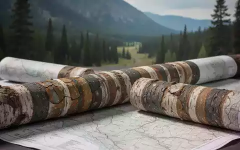 Nahaufnahme einer geologischen Karte oder eines Bohrkerns, mit unscharfer Wald- und Berglandschaft im Hintergrund. - Foto: über boerse-global.de