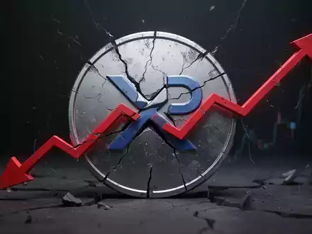 Ein leicht beschädigtes XRP-Logo mit einem roten Abwärtspfeil, das fallende Kryptowährungskurse darstellt. - Foto: über boerse-global.de