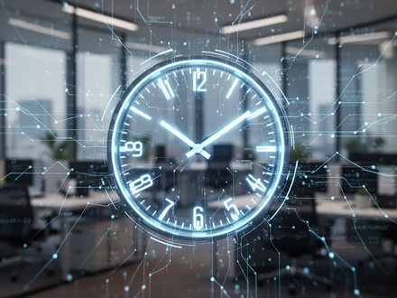 Ein stilisiertes digitales Uhreninterface mit Datenströmen, überlagert ein verschwommenes modernes Büro, das Datenschutz und digitale Zeiterfassung symbolisiert. - Foto: über boerse-global.de