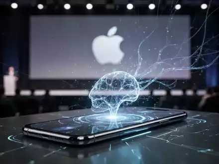 A smartphone displaying a futuristic AI interface, with digital patterns and a blurred conference stage in the background. - Foto: über boerse-global.de