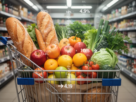 Ein Supermarkt-Einkaufswagen, gefüllt mit Grundnahrungsmitteln wie Brot, Obst und Gemüse, symbolisiert die Steuersenkung. - Foto: über boerse-global.de