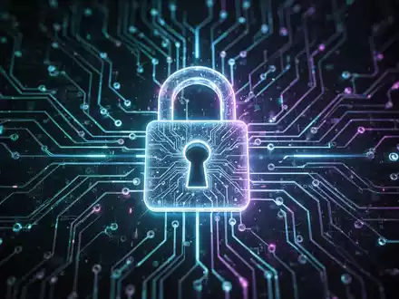Ein stilisiertes digitales Vorhängeschloss über einem leuchtenden neuronalen Netzwerk, das KI-Sicherheit und den Lockdown-Modus symbolisiert. - Foto: über boerse-global.de