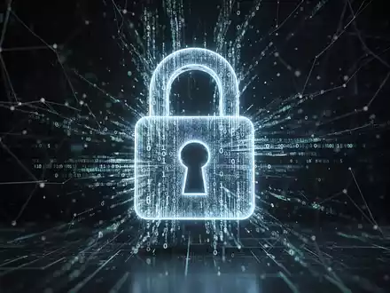 Abstract digital padlock formed by binary code, representing cybersecurity and data protection against a dark, high-tech background. - Foto: über boerse-global.de