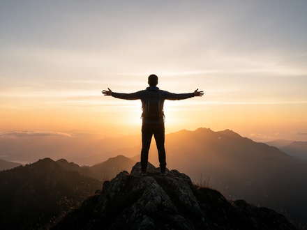 Eine Person steht auf einem Berggipfel bei Sonnenaufgang, die Arme ausgestreckt, als Symbol für persönliches Glück und Selbstwirksamkeit. - Foto: über boerse-global.de