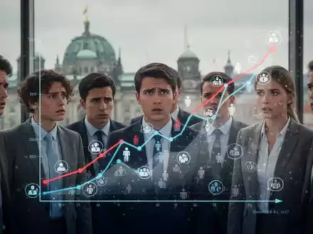 Young professionals looking concerned at a holographic graph showing a declining job market, with the Berlin skyline in the background. - Foto: über boerse-global.de