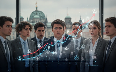 Young professionals looking concerned at a holographic graph showing a declining job market, with the Berlin skyline in the background. - Foto: über boerse-global.de