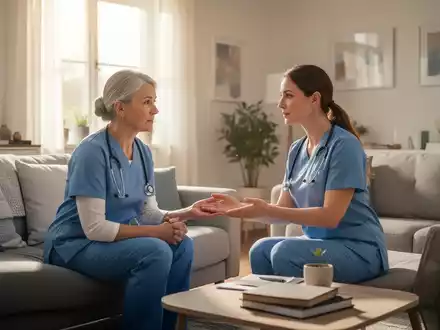 Eine Pflegekraft oder Therapeutin spricht mit einem Patienten in einem hellen Wohnzimmer, um psychiatrische Hilfe zu Hause zu leisten. - Foto: über boerse-global.de
