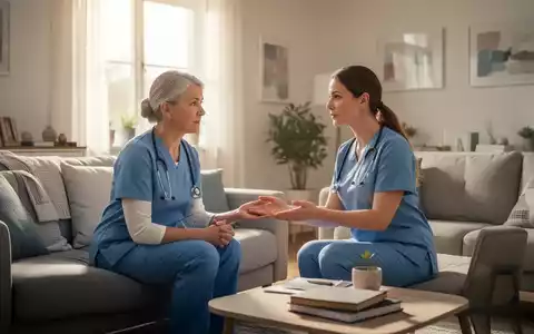 Eine Pflegekraft oder Therapeutin spricht mit einem Patienten in einem hellen Wohnzimmer, um psychiatrische Hilfe zu Hause zu leisten. - Foto: über boerse-global.de