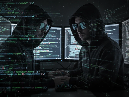A shadowy figure in a dark hoodie typing on multiple screens, surrounded by glowing lines of code and data. - Foto: über boerse-global.de