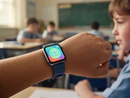 Ein Kinderhandgelenk mit einer Apple Watch, die eine vereinfachte Benutzeroberfläche anzeigt, im Hintergrund ein verschwommenes Klassenzimmer. - Foto: über boerse-global.de