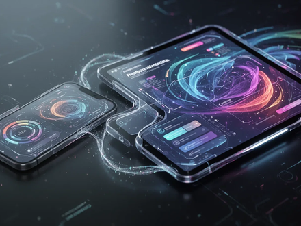 A futuristic smartphone and tablet displaying advanced, colorful user interfaces, connected by a subtle digital thread. - Foto: über boerse-global.de