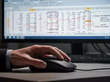 A hand using a computer mouse, with a spreadsheet on a monitor in the background showing data formatting errors. - Foto: über boerse-global.de
