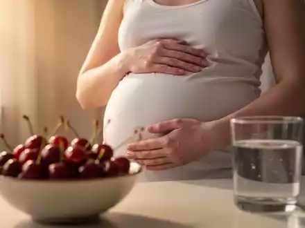 Eine schwangere Frau berührt sanft ihren Bauch, im Vordergrund eine Schale Kirschen und ein Glas Wasser. - Foto: über boerse-global.de