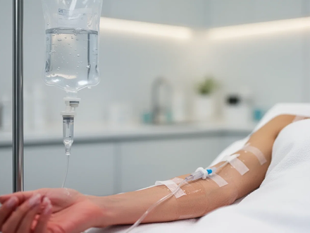 Eine Nahaufnahme eines IV-Tropfbeutels in einer modernen medizinischen Spa-Umgebung, wobei der Fokus auf einem Arm liegt, der eine Infusion erhält. - Foto: über boerse-global.de