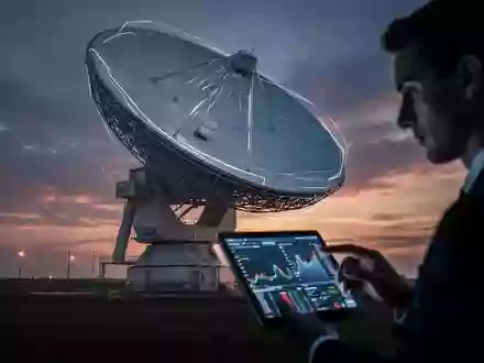 Ein modernes Radarsystem vor einem dramatischen Himmel, im Vordergrund ein Finanzanalyst mit Tablet. - Foto: über boerse-global.de