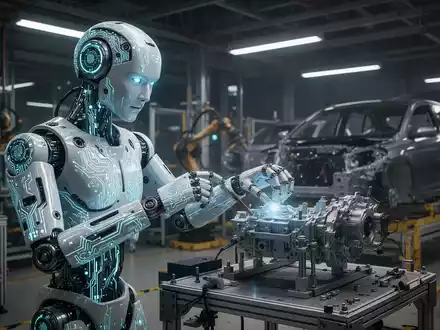 A humanoid robot with visible internal components and glowing circuits working on an assembly line in a modern factory. - Foto: über boerse-global.de
