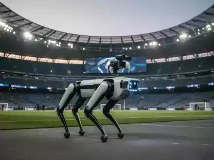 A Boston Dynamics Spot robot dog patrols a modern, well-lit sports stadium at dusk, assisting with security operations. - Foto: über boerse-global.de