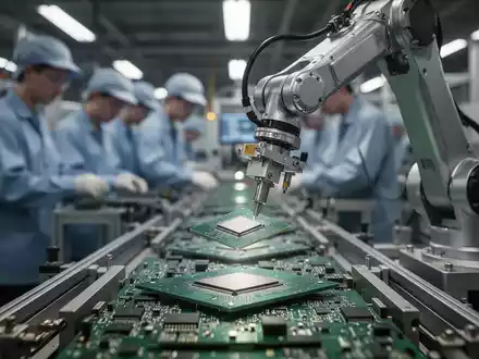 Ein Roboterarm platziert präzise einen Mikrochip auf einer Montagelinie, mit verschwommenen Fabrikarbeitern im Hintergrund. - Foto: über boerse-global.de