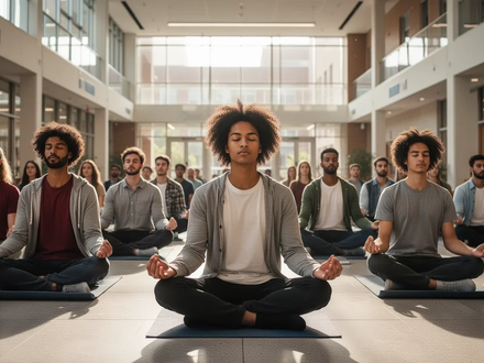 Eine vielfältige Gruppe von Studierenden meditiert gemeinsam in einem modernen Hörsaal, symbolisierend mentale Gesundheit an Hochschulen. - Foto: über boerse-global.de