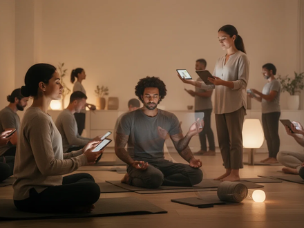 Eine Gruppe von Menschen praktiziert Online-Meditation, einige sitzend, andere gehend, in einer ruhigen, digital verbundenen Umgebung. - Foto: über boerse-global.de