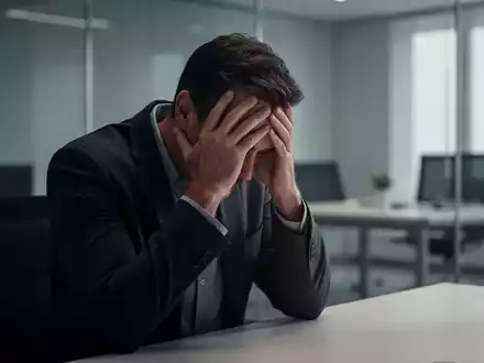 Ein Mann sitzt in einem modernen Büro, den Kopf in den Händen, Ausdruck von Nachdenklichkeit und Verletzlichkeit. - Foto: über boerse-global.de