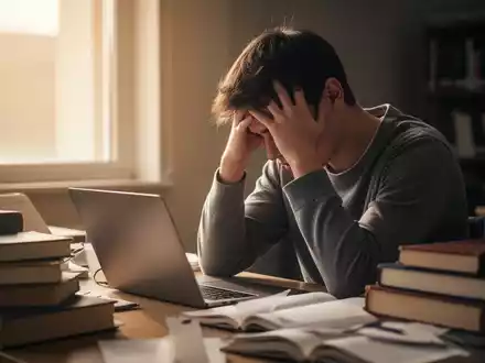 Ein gestresster Student mit dem Kopf in den Händen sitzt an einem Schreibtisch mit Büchern und Laptop, umgeben von gedämpftem Licht. - Foto: über boerse-global.de