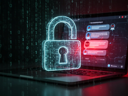 A digital lock icon overlaid with binary code, representing data theft. A glowing, fraudulent AI chatbot interface is subtly visible on a laptop screen. - Foto: über boerse-global.de