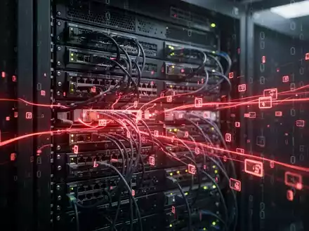 Glowing red lines on a dark network server rack, illustrating a digital threat or cyberattack on government networks. - Foto: über boerse-global.de