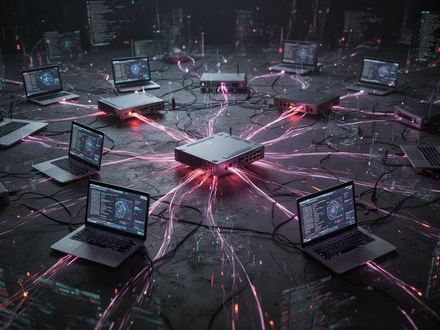 A glowing, interconnected network of digital devices and routers, symbolizing a botnet's expansion and cyber threat. - Foto: über boerse-global.de