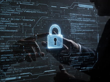 A hand interacting with a glowing holographic screen showing abstract code and a padlock, representing digital security and malware. - Foto: über boerse-global.de