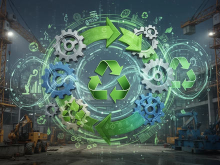 Abstrakte Darstellung der Kreislaufwirtschaft mit Zahnrädern, Recyclingsymbolen und digitalen Datenflüssen, integriert mit Bau- und Fertigungselementen. - Foto: über boerse-global.de