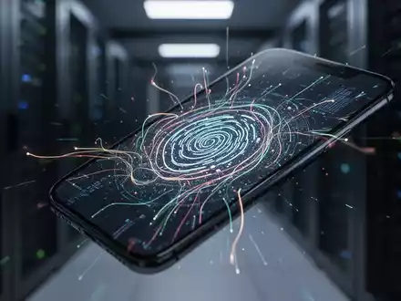 An iPhone screen shows glowing digital lines and biometric patterns, representing data privacy concerns and photo scanning. Blurred server room in background. - Foto: über boerse-global.de