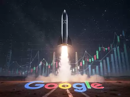 Eine Rakete startet in den Nachthimmel, mit Finanzgrafiken und einem stilisierten Google-Logo am Boden. - Foto: über boerse-global.de