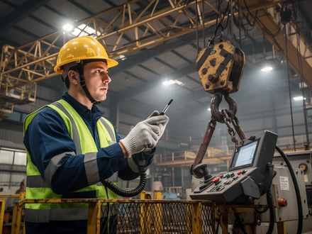 Ein Kranführer überprüft eine industrielle Krananlage in einer Fabrikhalle, Fokus auf Sicherheit und Wartung. - Foto: über boerse-global.de