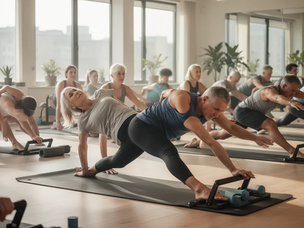 Eine Gruppe von Menschen unterschiedlichen Alters, die Pilates-Übungen auf Matten in einem hellen, modernen Studio durchführen. - Foto: über boerse-global.de