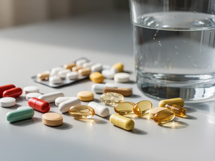 Nahaufnahme verschiedener Nahrungsergänzungsmittel wie Vitamine und Kapseln, kunstvoll arrangiert auf einer Oberfläche mit einem Glas Wasser. - Foto: über boerse-global.de