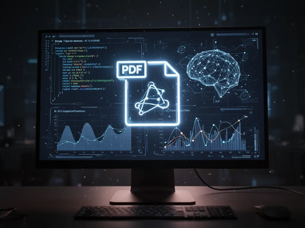 A glowing PDF icon on a desktop monitor, displaying abstract data visualizations representing software development and AI integration. - Foto: über boerse-global.de