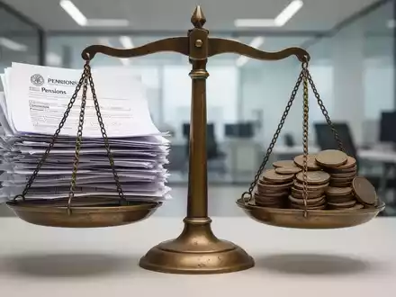 Eine Waage mit ungleichen Stapeln: hohe Dokumente auf einer Seite, wenige Münzen auf der anderen, symbolisiert Rentenungleichheit. - Foto: über boerse-global.de