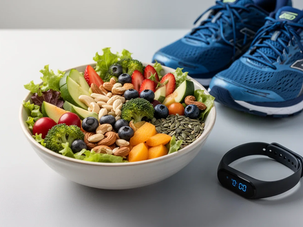 Eine Schale mit frischem Salat, daneben Laufschuhe und ein Fitness-Tracker, symbolisiert gesunde Ernährung und Bewegung. - Foto: über boerse-global.de