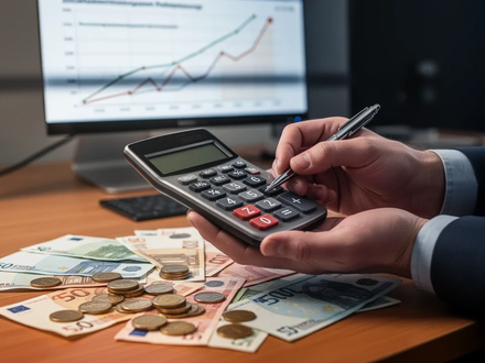 Hände halten einen Taschenrechner und einen Stift, mit deutschen Banknoten und Münzen auf einem Schreibtisch. Ein Diagramm im Hintergrund zeigt steigende Kosten. - Foto: über boerse-global.de