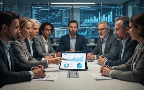 Eine Gruppe von Betriebsräten diskutiert ernsthaft an einem Tisch in einem modernen Büro, eine Person zeigt auf ein Tablet mit Daten. - Foto: über boerse-global.de