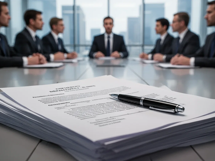 Nahaufnahme von juristischen Dokumenten und einem Stift auf einem Vertrag, mit verschwommenem Hintergrund einer Geschäftssitzung. - Foto: über boerse-global.de