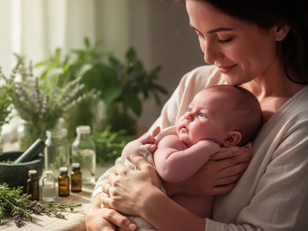 Eine Mutter hält ihr Baby sanft, umgeben von verschwommenen Elementen der Naturmedizin wie Kräutern und kleinen Fläschchen. - Foto: über boerse-global.de