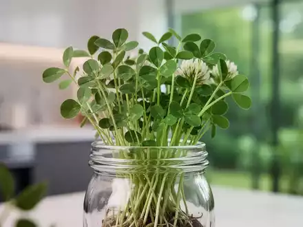 Nahaufnahme von frischen Rosenklee-Sprossen in einem Glasgefäß, mit einem unscharfen Hintergrund, der eine Küche oder einen Garten andeutet. - Foto: über boerse-global.de